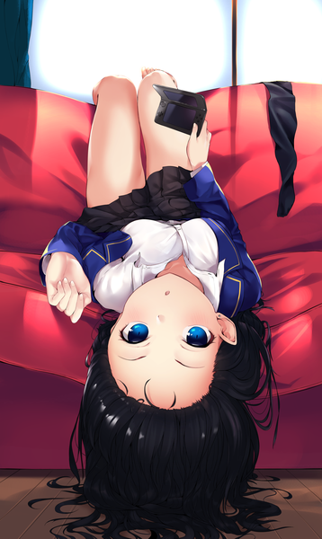 Anime picture 1433x2400 with original monobe tsukuri single long hair tall image looking at viewer blush breasts blue eyes light erotic black hair bent knee (knees) indoors lying pleated skirt barefoot bare legs :o on back thighs