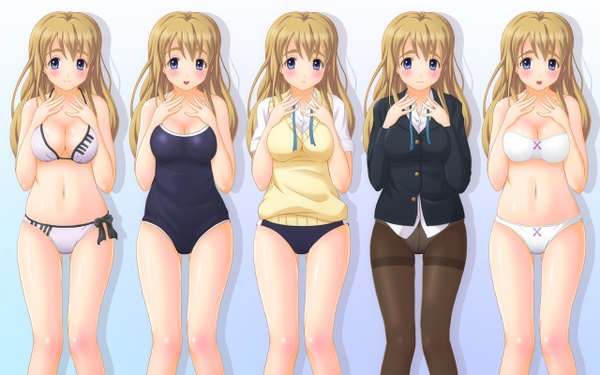 Anime picture 1280x800 with k-on! kyoto animation kotobuki tsumugi shian (my lonly life.) long hair blush breasts blue eyes light erotic blonde hair wide image bare shoulders multiple girls bare belly bare legs underwear only multiple persona girl underwear panties