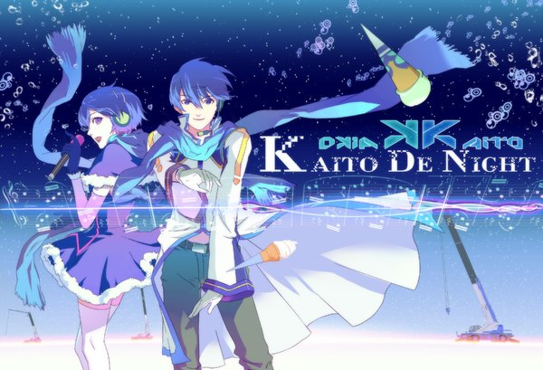Anime picture 1024x699 with vocaloid kaito (vocaloid) kaiko 119 looking at viewer short hair open mouth smile purple eyes blue hair profile inscription singing dancing girl thighhighs boy gloves detached sleeves white thighhighs
