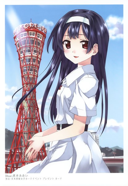 Anime picture 2406x3475 with original kuroi mimei single long hair tall image looking at viewer blush highres black hair red eyes scan girl dress hairband tower