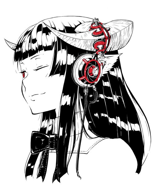 Anime picture 1000x1190 with original jaco single long hair tall image fringe red eyes one eye closed horn (horns) light smile wink monochrome portrait shiny spot color girl headphones bowtie wire (wires) clothes