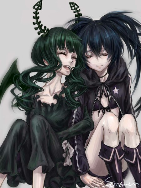 Anime picture 768x1024 with black rock shooter black rock shooter (character) dead master zhen hun qu long hair tall image fringe open mouth sitting twintails multiple girls signed blue hair eyes closed horn (horns) green hair light smile grey background curly hair girl