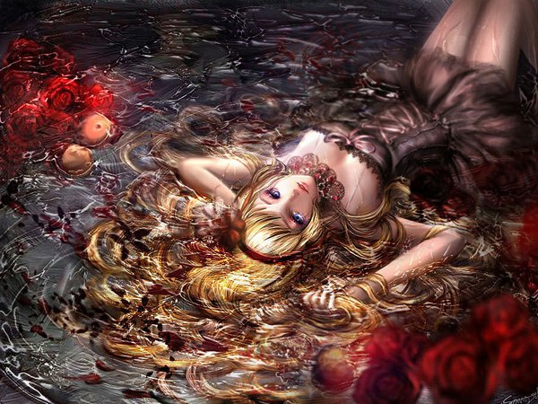 Anime picture 900x675 with original sangrde single long hair looking at viewer fringe blue eyes blonde hair signed bent knee (knees) lying wet wet clothes lacing girl dress hair ornament flower (flowers) bow petals