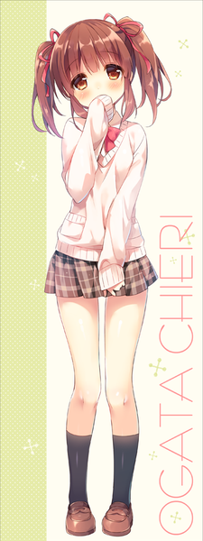 Anime picture 396x1056 with idolmaster idolmaster cinderella girls ogata chieri suimya single tall image looking at viewer blush short hair brown hair twintails brown eyes payot full body head tilt character names sleeves past wrists short twintails covered mouth girl