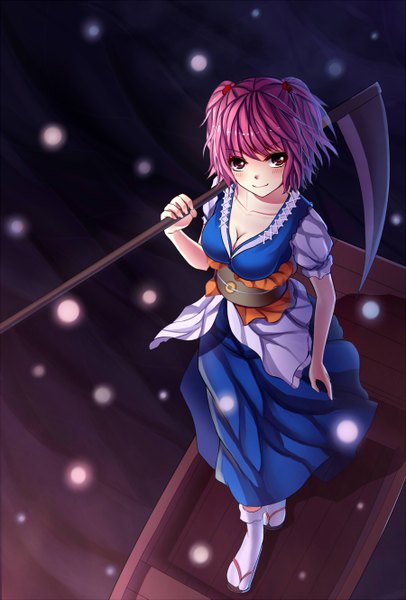 Anime picture 900x1329 with touhou onozuka komachi meng xiao jiong single tall image looking at viewer blush highres short hair breasts smile twintails pink hair cleavage pink eyes from above short sleeves carrying girl dress