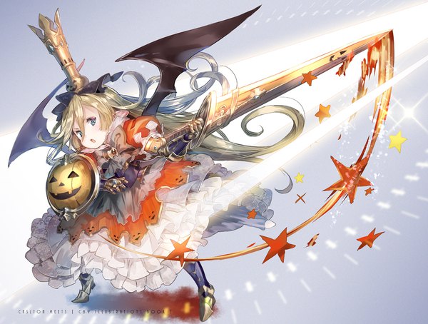 Anime picture 1100x833 with granblue fantasy charlotta fenia yuugen single blush fringe open mouth hair between eyes holding looking away full body very long hair pointy ears inscription grey background :o shadow grey eyes puffy sleeves floating hair