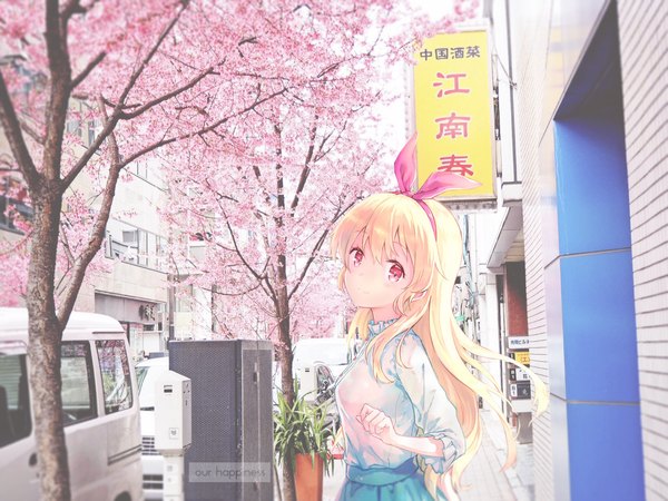 Anime picture 1280x960 with aikatsu! hoshimiya ichigo hiten (hitenkei) our happiness seigakun single long hair looking at viewer blush fringe blonde hair smile outdoors pink eyes wallpaper cherry blossoms photo background girl ribbon (ribbons) plant (plants)