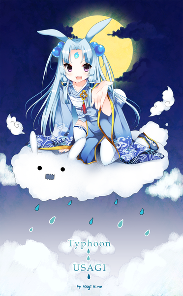 Anime picture 930x1500 with original usagihime single long hair tall image looking at viewer open mouth purple eyes animal ears blue hair cloud (clouds) traditional clothes japanese clothes bunny ears bunny girl girl thighhighs hair ornament white thighhighs kimono