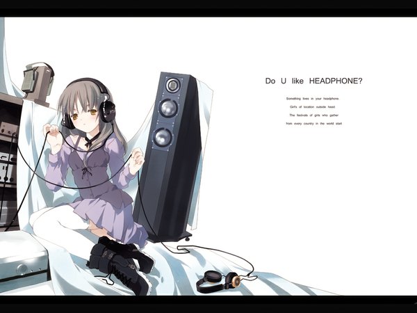 Anime picture 1024x768 with white background brown eyes grey hair thighhighs white thighhighs headphones