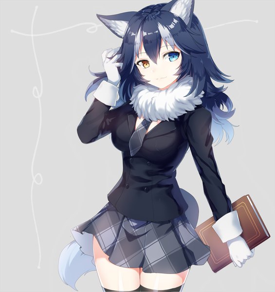 Anime picture 1280x1360 with kemono friends grey wolf (kemono friends) sada (sadahalu) single long hair tall image looking at viewer blush fringe breasts blue eyes black hair simple background smile hair between eyes animal ears yellow eyes cleavage white hair tail