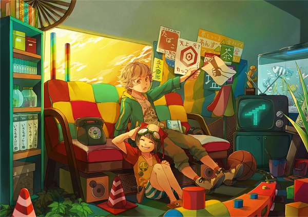 Anime picture 1000x707 with original anzu (astro75) looking at viewer short hair open mouth blonde hair smile brown hair sitting sky cloud (clouds) eyes closed girl boy plant (plants) hat window book (books) couch fish (fishes)