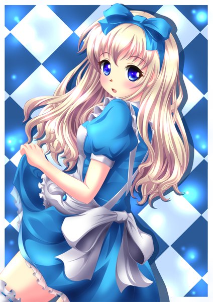 Anime picture 1095x1549 with alice in wonderland alice (wonderland) neats (artist) long hair tall image blush open mouth blue eyes blonde hair checkered background girl dress bow hair bow