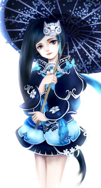 Anime picture 1181x2194 with original yoi gyo single tall image looking at viewer fringe black hair simple background smile standing white background purple eyes holding long sleeves very long hair traditional clothes head tilt japanese clothes lips side ponytail