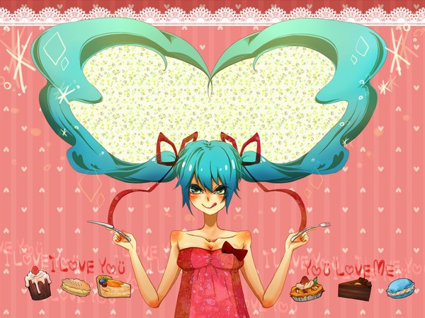Anime picture 1600x1200 with vocaloid hatsune miku long hair blush smile twintails bare shoulders aqua eyes aqua hair inscription alternate costume pink background girl dress bow ribbon (ribbons) hair ribbon food heart sweets