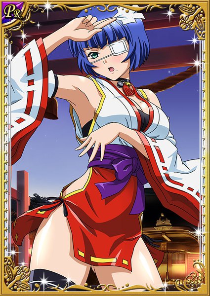 Anime picture 567x800 with ikkitousen ryomou shimei single tall image blush fringe short hair open mouth light erotic bare shoulders green eyes blue hair looking away cleavage traditional clothes japanese clothes mole embarrassed ass visible through thighs miko