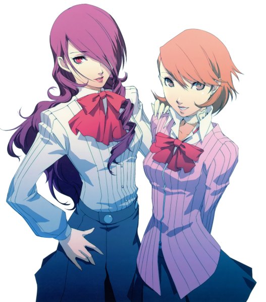 Anime picture 2228x2536 with persona 3 persona kirijou mitsuru takeba yukari soejima shigenori long hair tall image looking at viewer highres short hair open mouth red eyes brown hair standing white background multiple girls looking away pink hair grey eyes hand on hip