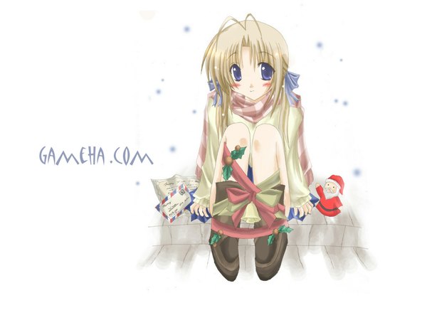 Anime picture 1024x768 with santa claus single looking at viewer blush blue eyes simple background blonde hair white background snowing winter girl ribbon (ribbons) scarf bell santa claus costume postcard