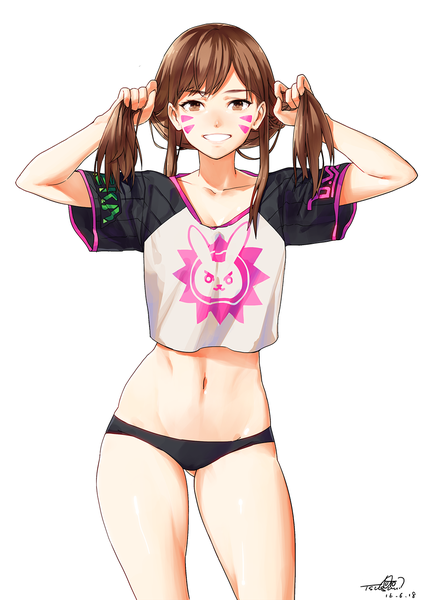 Anime picture 1024x1449 with overwatch blizzard entertainment d.va (overwatch) noto tsugumi single long hair tall image looking at viewer light erotic simple background smile brown hair white background brown eyes signed bare belly teeth groin facial mark dated