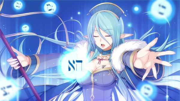 Anime picture 1280x720 with tentacle lord (game) tel-o long hair open mouth wide image blue hair game cg eyes closed pointy ears magic girl