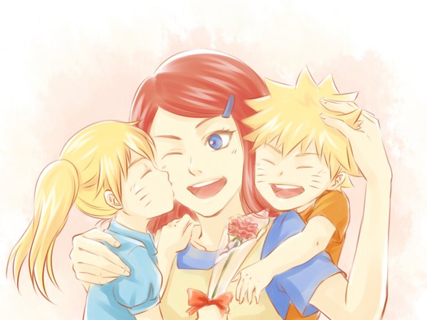 Anime picture 800x600 with naruto studio pierrot naruto (series) uzumaki naruto uzumaki kushina naruko kaya37 long hair short hair open mouth blue eyes blonde hair simple background twintails red hair eyes closed profile one eye closed facial mark kiss