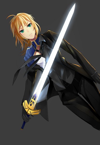 Anime picture 1224x1771 with fate (series) fate/stay night studio deen type-moon artoria pendragon (all) saber lightofheaven single long hair tall image blush simple background blonde hair green eyes ahoge ponytail off shoulder grey background glowing girl