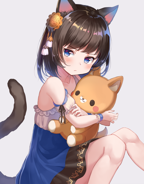 Anime picture 704x900 with original nishizawa single tall image blush short hair blue eyes simple background brown hair sitting bare shoulders holding animal ears looking away bent knee (knees) tail animal tail cat ears grey background cat girl