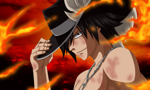 Anime picture 1600x960 with fairy tail gray fullbuster flowerinhell single looking at viewer fringe short hair black hair smile wide image bare shoulders sky cloud (clouds) black eyes hair over one eye boy hat headdress fire hand