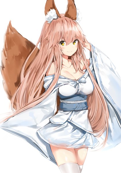 Anime picture 3000x4285 with fate (series) fate/extra tamamo (fate) (all) tamamo no mae (fate) silver (chenwen) single long hair tall image looking at viewer blush fringe highres breasts light erotic simple background smile hair between eyes standing white background bare shoulders