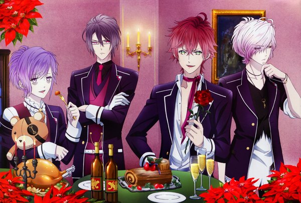 Anime picture 10285x6956 with diabolik lovers idea factory sakamaki subaru sakamaki ayato sakamaki kanato sakamaki reiji looking at viewer highres short hair black hair red eyes purple eyes green eyes looking away absurdres purple hair white hair red hair multiple boys teeth