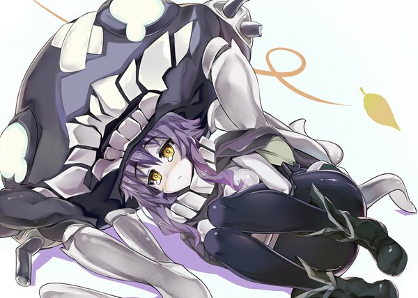 Anime picture 1000x714 with kantai collection wo-class aircraft carrier hidebuu long hair purple hair lying teeth tears on side pale skin sad leg hug shinkaisei-kan girl gloves black gloves boots leaf (leaves) cape bodysuit