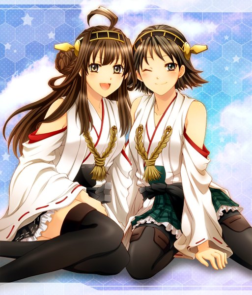 Anime picture 1027x1200 with kantai collection kongou battleship hiei battleship karuta410 long hair tall image looking at viewer blush short hair open mouth black hair smile brown hair bare shoulders multiple girls brown eyes ahoge one eye closed wink nontraditional miko