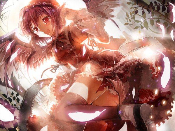 Anime picture 1280x960 with touhou mystia lorelei ultimate asuka single short hair open mouth red eyes animal ears purple hair girl thighhighs black thighhighs hat wings feather (feathers)