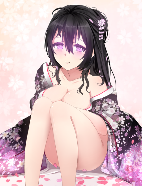 Anime picture 744x973 with original miyaura sanshio beifeng han single long hair tall image looking at viewer blush fringe breasts light erotic black hair hair between eyes large breasts sitting purple eyes bare shoulders ahoge traditional clothes head tilt