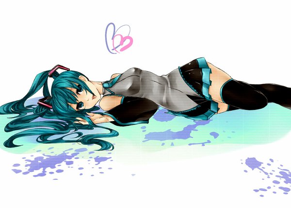 Anime picture 1120x800 with vocaloid hatsune miku single long hair looking at viewer simple background white background twintails lying braid (braids) aqua eyes aqua hair twin braids girl thighhighs black thighhighs necktie heart paint