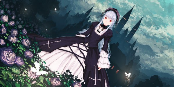 Anime picture 2500x1250 with rozen maiden suigintou jean popo single long hair looking at viewer fringe highres red eyes wide image standing silver hair cloud (clouds) blunt bangs long sleeves dutch angle lolita fashion silhouette goth-loli twilight
