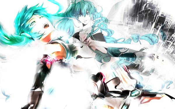 Anime picture 1280x800 with vocaloid vocaloid append hatsune miku hatsune miku (append) akiakane rahwia long hair open mouth wide image twintails bare shoulders nail polish aqua eyes aqua hair dual persona girl necktie