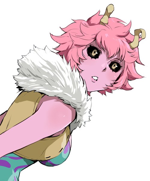 Anime picture 3008x3608 with boku no hero academia studio bones ashido mina enami katsumi single tall image blush fringe highres short hair simple background white background yellow eyes looking away pink hair absurdres upper body parted lips horn (horns) fur trim