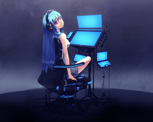 Anime picture 1280x1024 with vocaloid hatsune miku long hair highres red eyes sitting blue hair looking back dark background girl headphones monitor