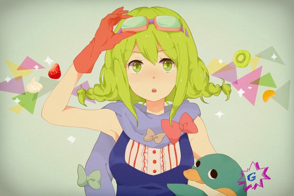 Anime picture 1499x1000 with vocaloid gumi kise (swimmt) single short hair open mouth green eyes braid (braids) green hair twin braids girl gloves bow animal food scarf fruit berry (berries) goggles strawberry