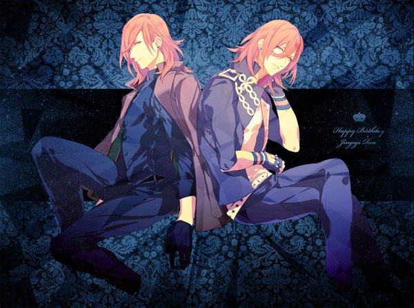Anime picture 1373x1024 with uta no prince-sama a-1 pictures jinguji ren azo long hair looking at viewer short hair blue eyes blonde hair sitting looking away bent knee (knees) looking back orange hair open clothes open jacket multiple boys crossed legs clothes on shoulders back to back