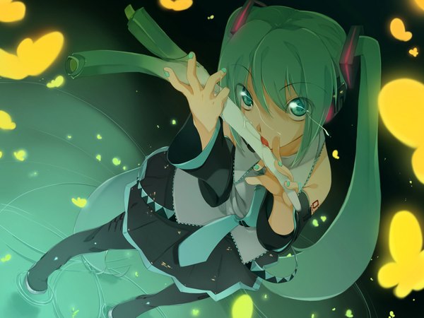 Anime picture 1600x1200 with vocaloid hatsune miku maruku single long hair looking at viewer fringe twintails very long hair nail polish aqua eyes from above aqua hair tattoo licking aqua nail polish girl thighhighs skirt black thighhighs