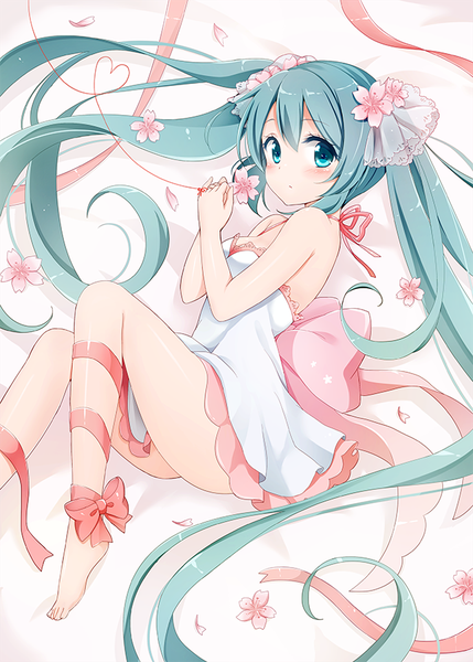 Anime picture 643x900 with vocaloid hatsune miku snowmi single tall image looking at viewer blush fringe light erotic hair between eyes twintails bare shoulders bent knee (knees) lying very long hair barefoot hair flower aqua eyes aqua hair heart of string