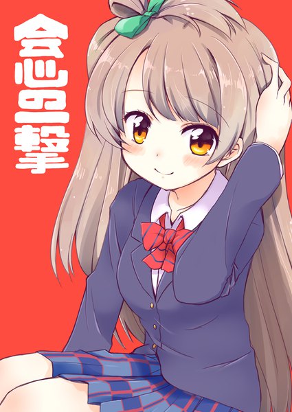 Anime picture 900x1271 with love live! school idol project sunrise (studio) love live! minami kotori futaru usagi single long hair tall image looking at viewer blush fringe simple background smile brown hair sitting yellow eyes hand on head red background girl uniform
