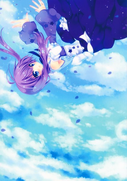 Anime picture 2565x3640 with original konno kengo long hair tall image blush highres open mouth blue eyes purple hair cloud (clouds) girl dress detached sleeves petals