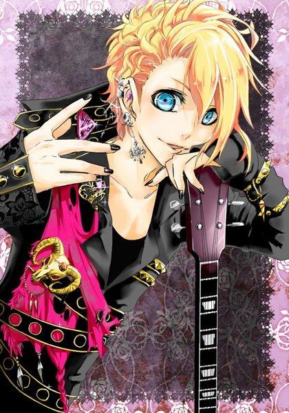 Anime picture 600x857 with uta no prince-sama a-1 pictures kurusu shou tagme (artist) single tall image looking at viewer short hair blue eyes blonde hair smile nail polish parted lips aqua eyes light smile torn clothes boy earrings jacket bracelet
