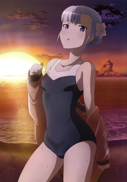 Anime picture 4094x5863 with rinne no lagrange production i.g nyantype fin e ld si laffinty tall image highres short hair purple eyes absurdres sky silver hair cloud (clouds) official art beach evening sunset girl swimsuit
