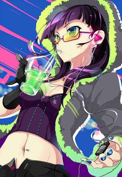 Anime picture 800x1161 with original pochi (pochi-goya) long hair tall image breasts standing looking away purple hair nail polish fingernails open clothes open jacket bare belly piercing long fingernails drinking navel piercing nail art girl gloves