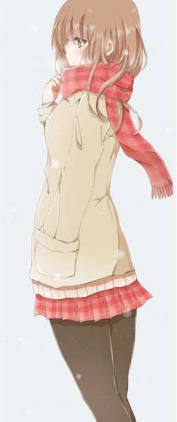 Anime picture 625x1483 with original hiro (hirohiro31) single long hair tall image blush brown hair brown eyes profile snowing girl jacket scarf