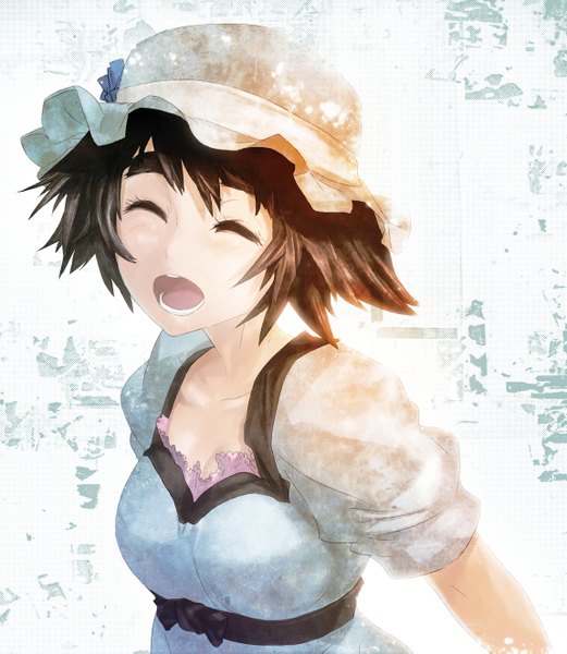 Anime picture 2300x2645 with steins;gate white fox shiina mayuri huke single tall image highres short hair open mouth brown hair eyes closed happy girl dress hat