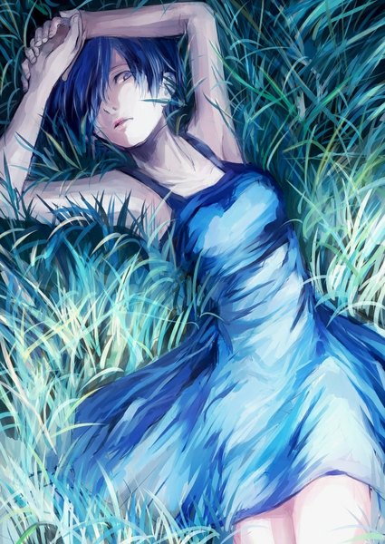 Anime picture 752x1062 with tokyo ghoul studio pierrot kirishima touka ten (pixiv) single tall image fringe short hair breasts purple eyes blue hair looking away from above lips hair over one eye arms up armpit (armpits) girl dress plant (plants)